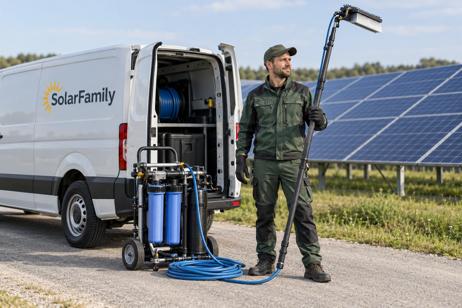 Виїзна бригада SolarFamily з обладнанням для очищення сонячних панелей