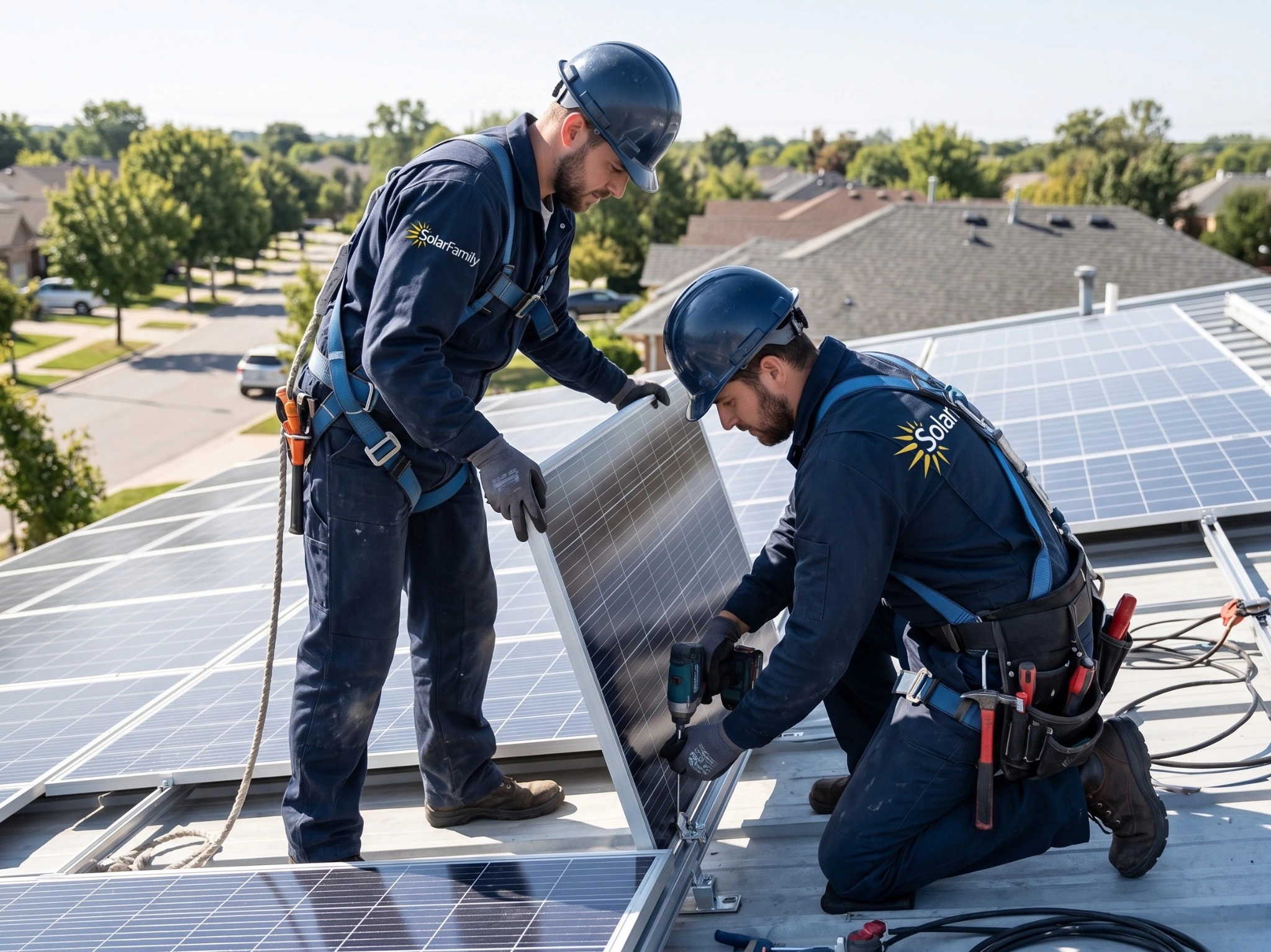Монтажники SolarFamily встановлюють сонячні модулі з використанням захисного спорядження